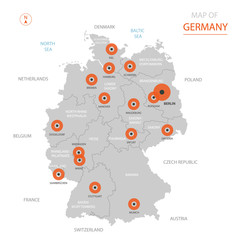 Stylized vector Germany map showing big cities, capital Berlin, administrative divisions and country borders