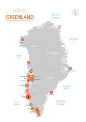 Stylized vector Greenland map showing big cities, capital Nuuk, administrative divisions. © Анна Тощева