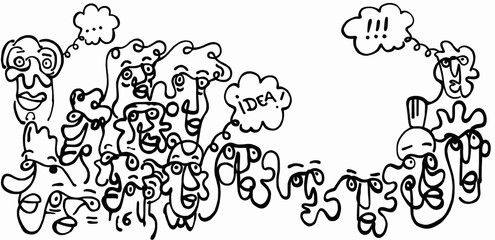 Black and white drawing of a drawing of a person with an exclamation mark and the word idea