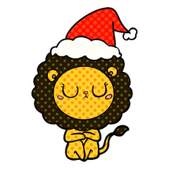 comic book style illustration of a lion wearing santa hat