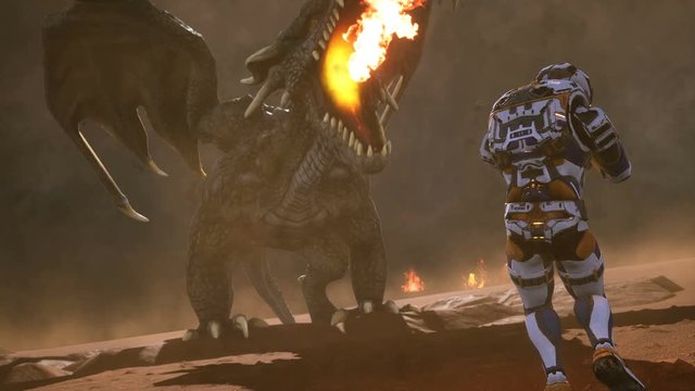 Astronaut against the dragon. Epic battle with explosions, shots and smoke on an uncharted planet. 3D animation fantasy background.
