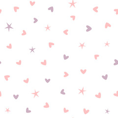 Repeating hearts and stars. Cute seamless pattern. White, pink, purple.