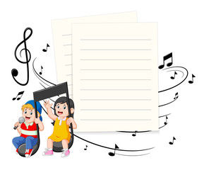 Boy and girl riding music notes with paper blank background