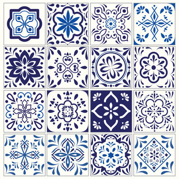 Tile pattern, Lisbon flower mosaic, navy blue ornament - vector