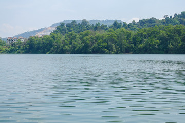 Scenic view of lakeshore during bright day. Selective focus.