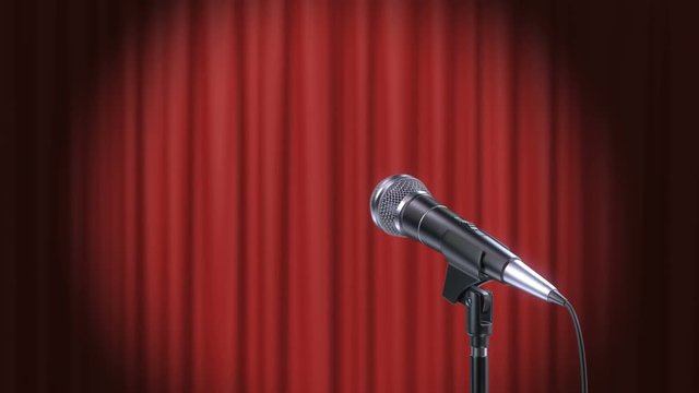 Microphone and Red Curtains Background, Beautiful Seamless Looped 3d Animation. 4K.