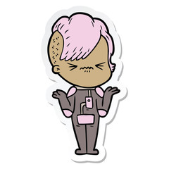 sticker of a cartoon annoyed hipster girl wearing space suit