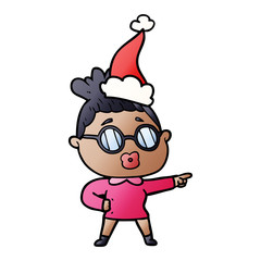 gradient cartoon of a pointing woman wearing spectacles wearing santa hat