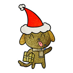 cute textured cartoon of a dog with christmas present wearing santa hat