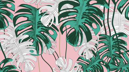 Tropical plants and pink background pattern-vector