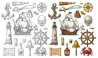 Set pirate adventure. Vector color vintage engraving