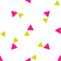 Seamless pattern with messy cute triangles with round corners, triangular geometrical shapes. Colorful chaotic geometric ornament on white background. Vector illustration.