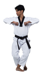 Master Black Belt TaeKwonDo handsome man instructor Teacher fighter show hit pose, studio lighting white background isolated.  White formal fighting suit, motion blur hand foots on taekwondo post.
