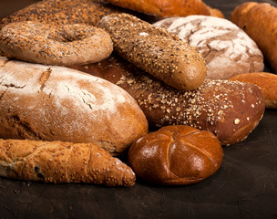 Assortment of baked goods on dark background