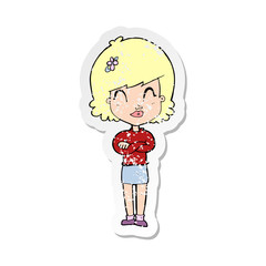 retro distressed sticker of a cartoon happy woman with folded arms