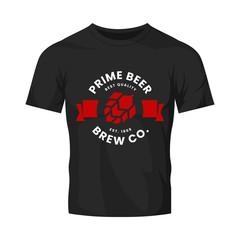 Modern round craft beer drink vector logo sign for bar, pub, store, brewhouse or brewery isolated on black t-shirt mock up. Premium quality hop logotype illustration. Brewing fest fashion badge design