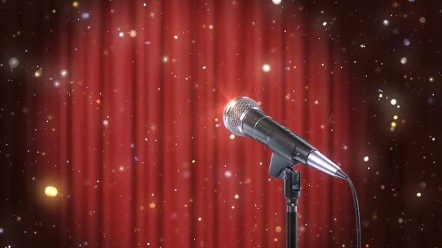 Microphone with Magic Particles against Blurred Red Curtains Background, Beautiful Seamless Looped 3d Animation. 4K