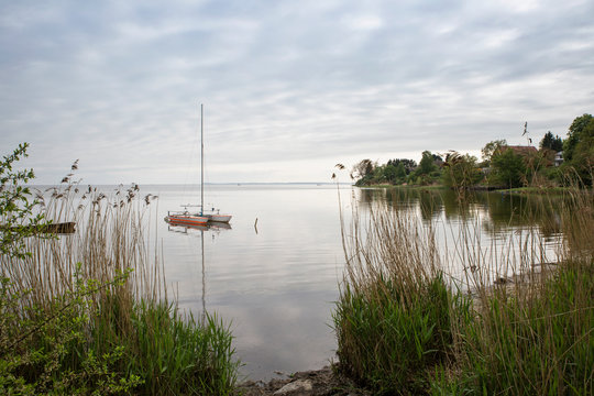 Germany, Ruegen, Putbus, Lauterbach, catamaran on the Baltic Sea