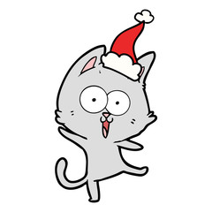 funny line drawing of a cat wearing santa hat