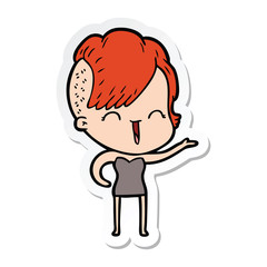 sticker of a cartoon happy hipster girl