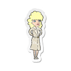 retro distressed sticker of a cartoon woman in trench coat