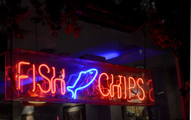 Restaurant sign, neon - fish and chips