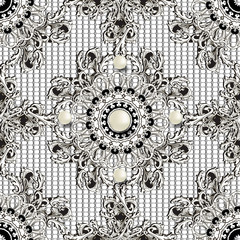 Luxury jewelry 3d Baroque vector seamless pattern. Black and white ornate Damask ornament. Lace grid waffle background. Vintage Baroque ornament in Victorian style. Scroll leaves, flowers, pearls