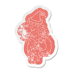 cartoon distressed sticker of a horse wearing santa hat