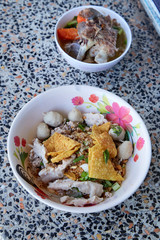Wide rice noodles with vegetables pork