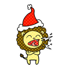comic book style illustration of a roaring lion wearing santa hat