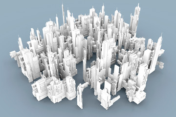 Grey skyscrapers forming an uniform city, D Rendering