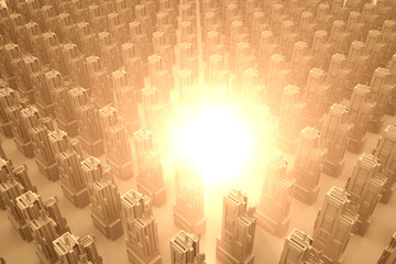 Explosion or energy burst in a conceptual city, D Rendering