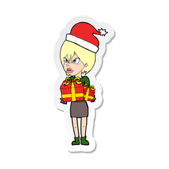 sticker of a cartoon woman with present