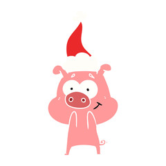 happy flat color illustration of a pig wearing santa hat