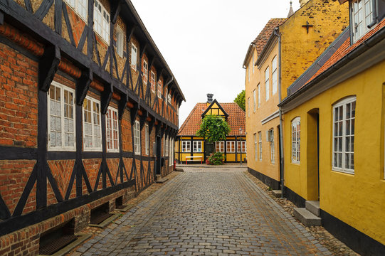 Denmark, Jutland, Ribe, picturesque alley with timber-framed houses