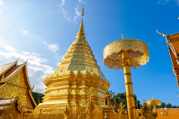 Fototapeta premium Golden pagoda at Phra That Doi Suthep Temple at Doi Suthep mountain in Chiang Mai, Thailand.