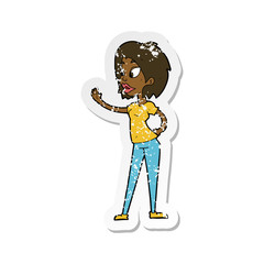 retro distressed sticker of a cartoon woman waving