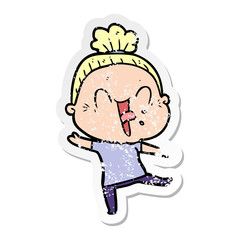 distressed sticker of a cartoon happy old woman