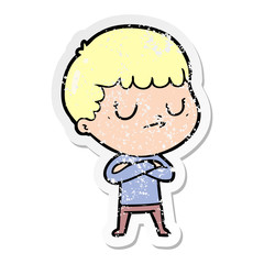 distressed sticker of a cartoon grumpy boy
