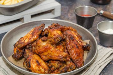 Buffalo chicken wings. Hot and spicey Buffalo chicken wings. Fried chicken wings. Baked chicken wings in the Asian style. 