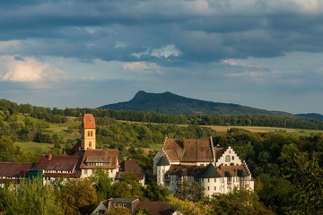 Blumenfeld Castle, behind the Hegau volcano Hohenstoffeln, Tengen, Constance County, Hegau, Baden-Wurttemberg, Germany, Europe