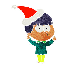 retro cartoon of a curious boy wearing santa hat