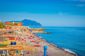 Panoramic view  of Genoa beach in a beautiful summer day, Liguria, Italy - obrazy, fototapety, plakaty