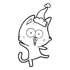 funny line drawing of a cat wearing santa hat