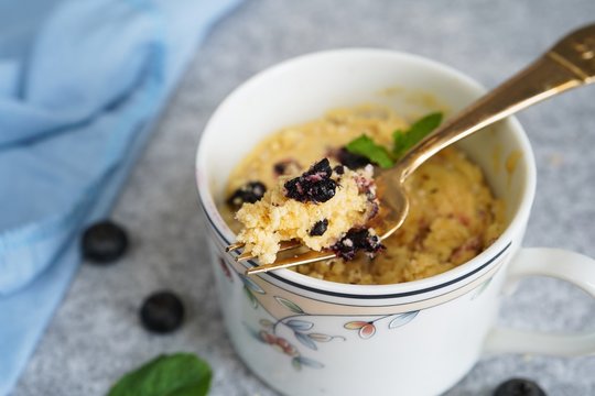 Homemade Blueberry Mug Cake Muffin, Selective Focus