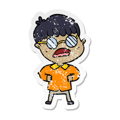 distressed sticker of a cartoon boy wearing spectacles