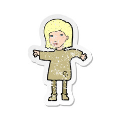 retro distressed sticker of a cartoon woman in patched clothing