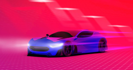 Obraz na płótnie Canvas Futuristic racing sports car in motion on colorful background (3D Illustration)