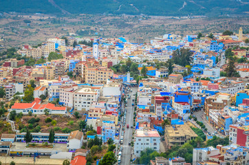Aerial view of blue medina of city Chefchaouen,  Morocco, Africa.