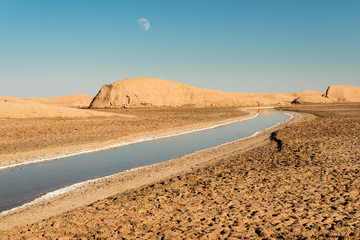 View of salt Rud-e Shur river inside egg  mountains, yardangs in Kaluts desert, part of Dasht-e Lut desert in province Kerman, Iran